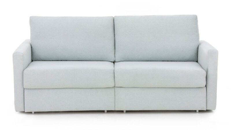 Sofá cama gemelas con apertura intuitiva, diseño compacto y hueco para almohadas, ideal para uso frecuente en espacios pequeños. Diseño frontal.
