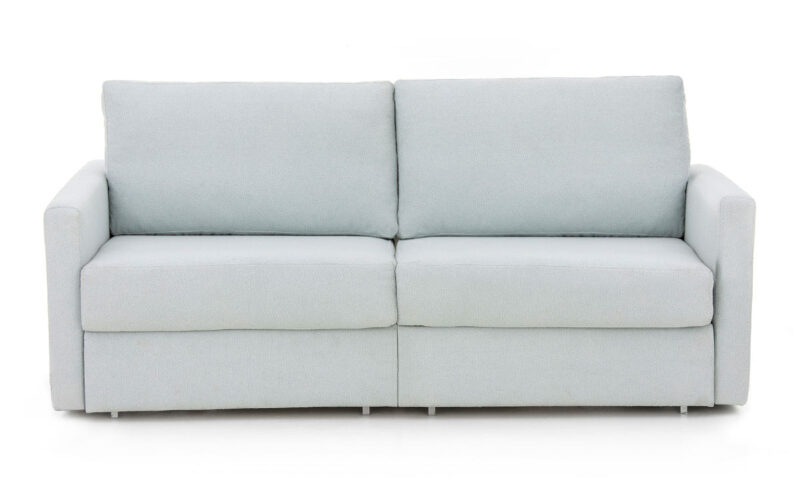 Sofá cama gemelas con apertura intuitiva, diseño compacto y hueco para almohadas, ideal para uso frecuente en espacios pequeños. Diseño frontal.
