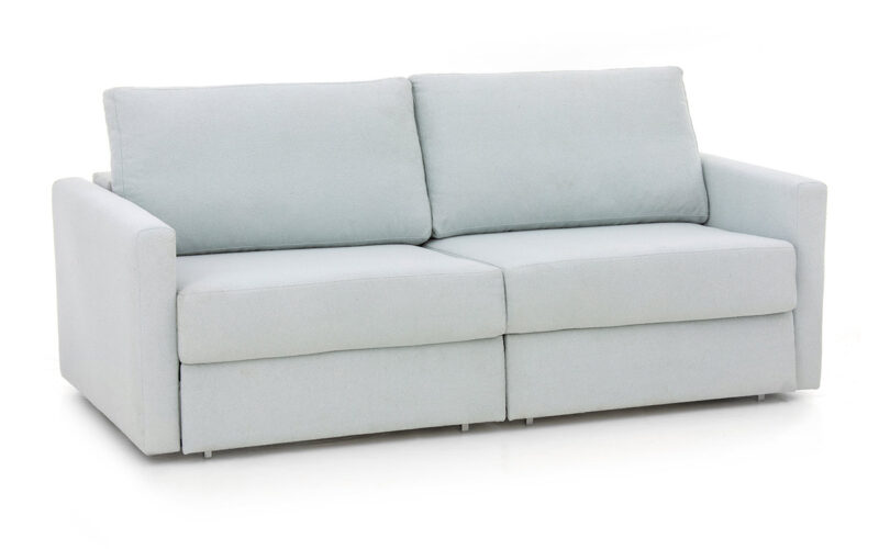 Sofá cama gemelas con apertura intuitiva, diseño compacto y hueco para almohadas, ideal para uso frecuente en espacios pequeños. Diseño con perspectiva.
