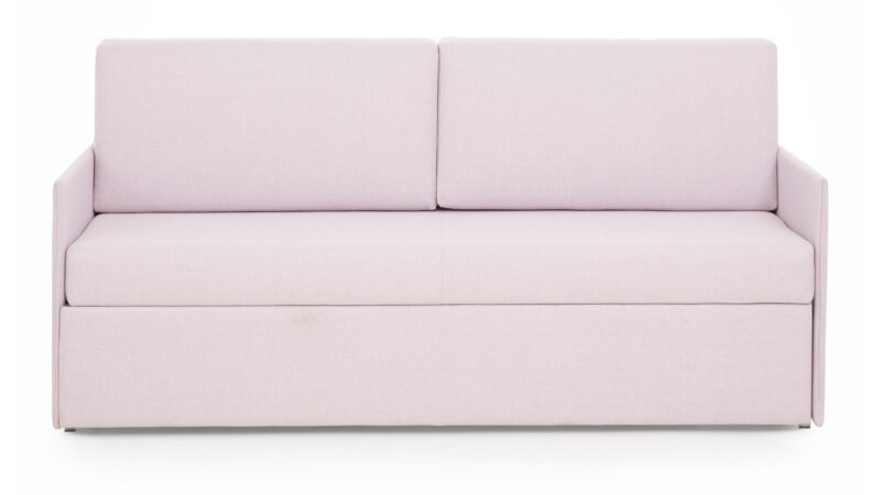 Sofá cama nido con dos camas de 80x190 cm, compacto y elegante, fácil de abrir, ideal para habitaciones pequeñas. Diseño frontal.