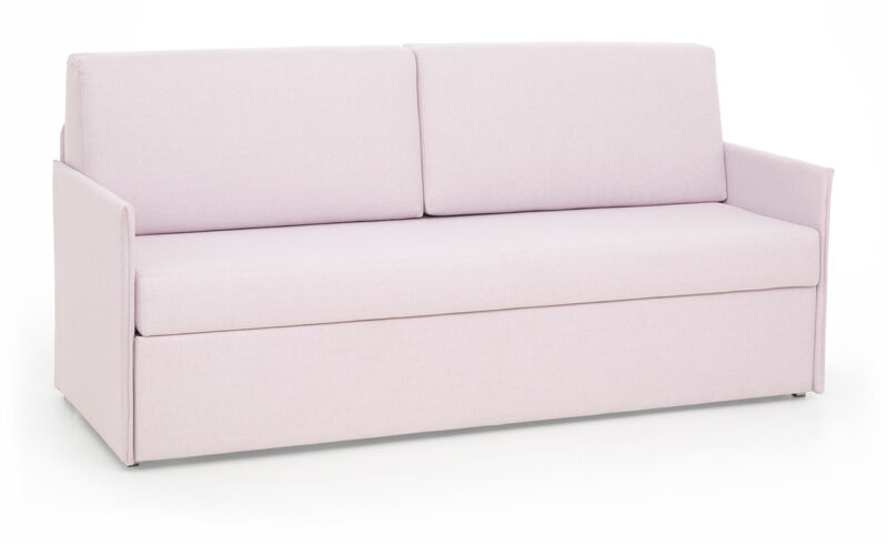 Sofá cama nido con dos camas de 80x190 cm, compacto y elegante, fácil de abrir, ideal para habitaciones pequeñas. Diseño con perspectiva.