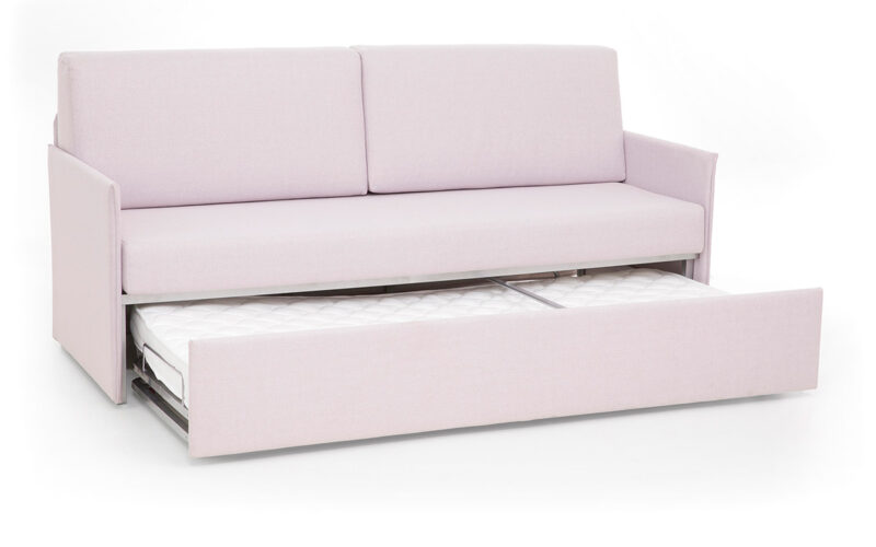Sofá cama nido con dos camas de 80x190 cm, compacto y elegante, fácil de abrir, ideal para habitaciones pequeñas. Diseño medio abierto.