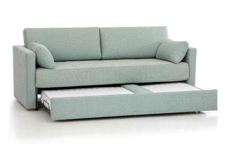 Sofá cama nido con dos camas de 80x190 cm, diseño elegante, apertura fácil y opción de cajón, ideal para espacios reducidos. Diseño medio abierto.