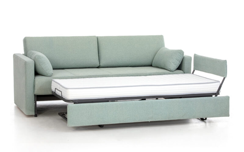 Sofá cama nido con dos camas de 80x190 cm, diseño elegante, apertura fácil y opción de cajón, ideal para espacios reducidos. Diseño abierto.