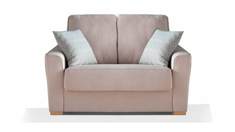Sofá cama compacto con colchón viscoelástico o de muelles, diseño actual y respaldo confortable. Diseño frontal.