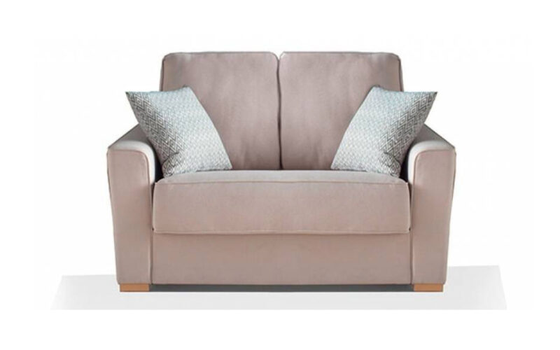 Sofá cama compacto con colchón viscoelástico o de muelles, diseño actual y respaldo confortable. Diseño frontal.