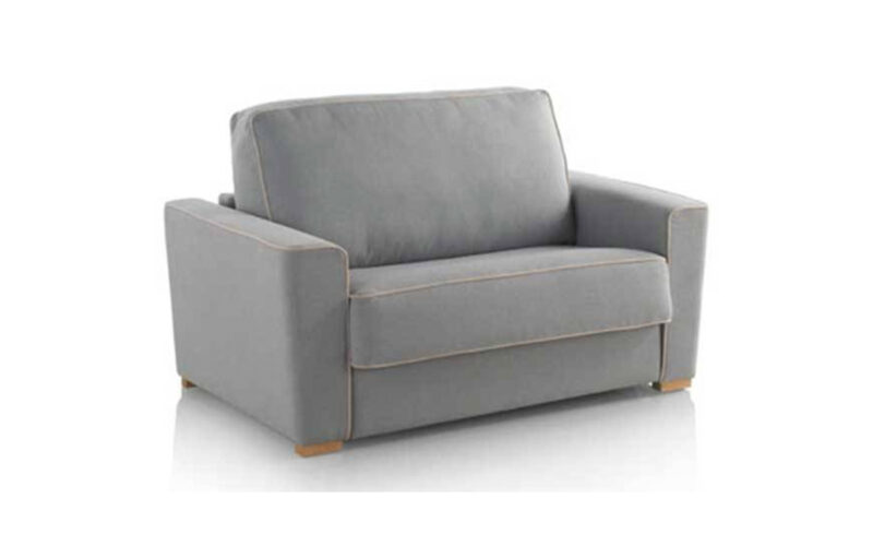 Sofá cama compacto con colchón viscoelástico o de muelles, diseño actual y respaldo confortable. Diseño con perspectiva.