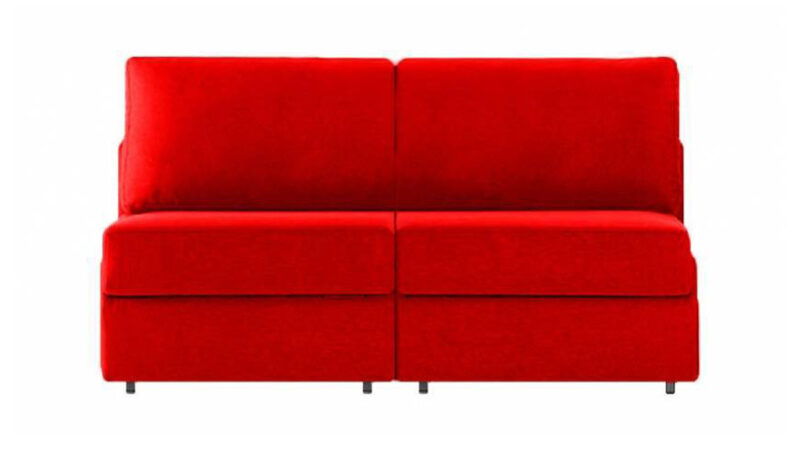 Sofá cama de dos camas gemelas, sin brazos, fácil de abrir, diseño compacto y práctico para espacios pequeños. Diseño frontal.