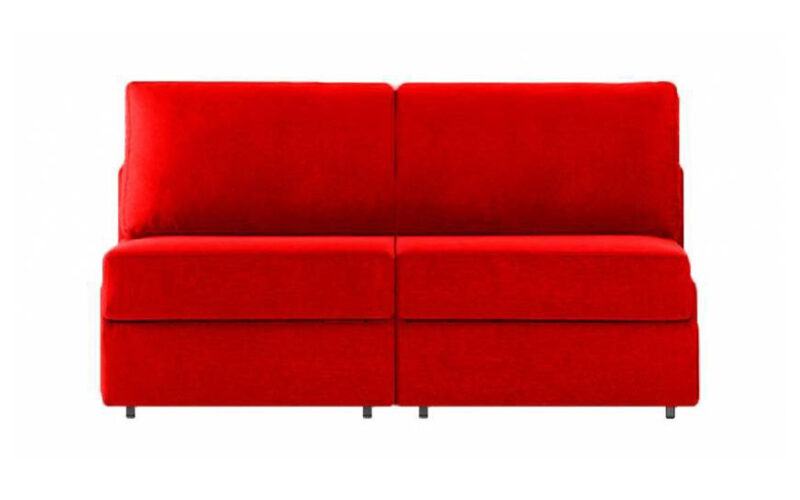 Sofá cama de dos camas gemelas, sin brazos, fácil de abrir, diseño compacto y práctico para espacios pequeños. Diseño frontal.