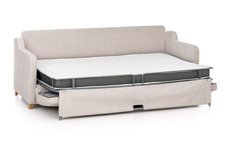 Sofá cama horizontal compacto y resistente con apertura italiana, colchón HR de alta densidad y diseño ideal para espacios pequeños. Diseño abierto.