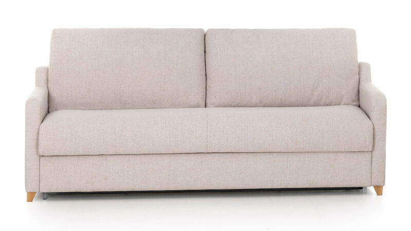 Sofá cama horizontal compacto y resistente con apertura italiana, colchón HR de alta densidad y diseño ideal para espacios pequeños. Diseño frontal.