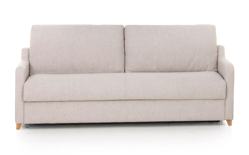 Sofá cama horizontal compacto y resistente con apertura italiana, colchón HR de alta densidad y diseño ideal para espacios pequeños. Diseño frontal.