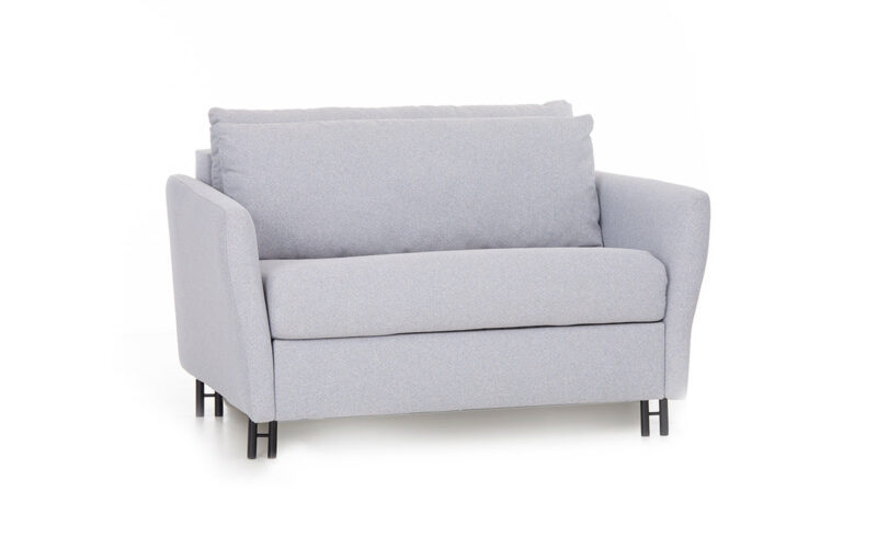 Sofá cama pequeño 90x190 con brazo estrecho, apertura italiana sin quitar cojines y opción de colchón prémium. Diseño con perspectiva.