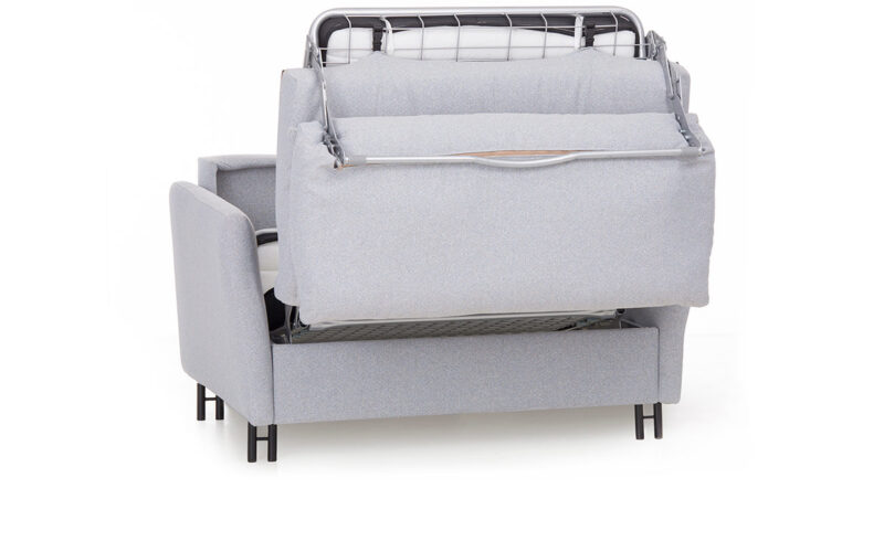 Sofá cama pequeño 90x190 con brazo estrecho, apertura italiana sin quitar cojines y opción de colchón prémium. Diseño medio abierto.