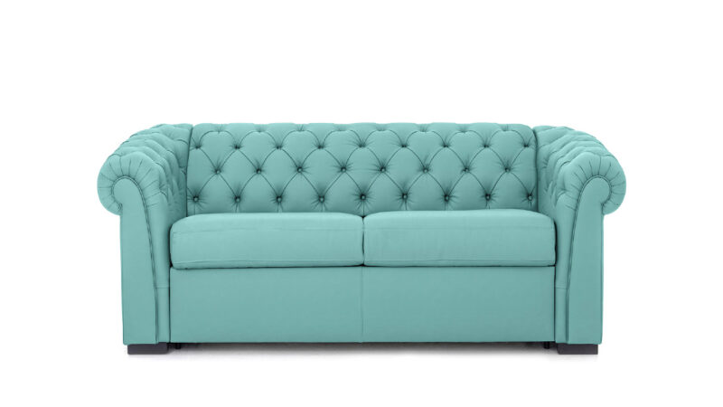 Sofá cama chester 90x200 en piel con capitoné artesanal, apertura italiana y colchón firme de uso diario. Diseño frontal.