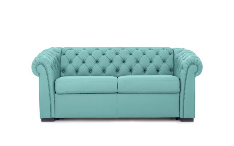 Sofá cama chester 90x200 en piel con capitoné artesanal, apertura italiana y colchón firme de uso diario. Diseño frontal.