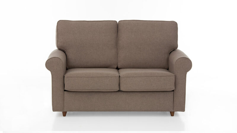 Sofá cama individual 90x190 con somier de hierro, apertura fácil y diseño clásico tapizado con vivos. Diseño frontal.