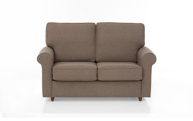 Sofá cama individual 90x190 con somier de hierro, apertura fácil y diseño clásico tapizado con vivos. Diseño frontal.