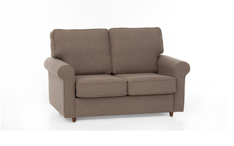 Sofá cama individual 90x190 con somier de hierro, apertura fácil y diseño clásico tapizado con vivos. Diseño con perspectiva.