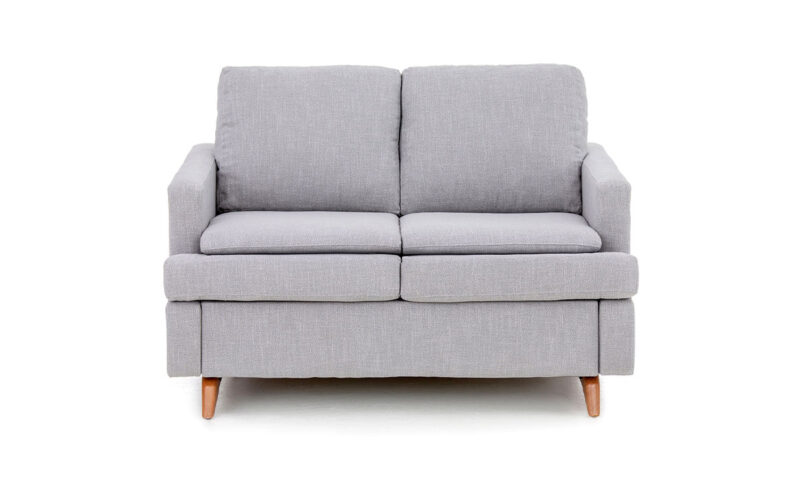Sofá cama pequeño 90x190 de diseño urbano, apertura italiana y colchón HR de alta densidad con patas de madera estilo nórdico. Diseño frontal.