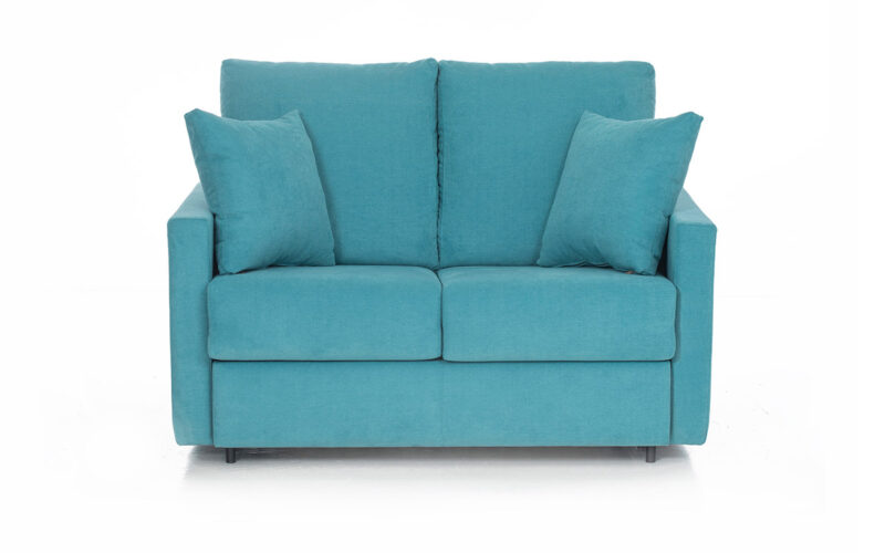 Sofá cama pequeño 90x190 moderno y cómodo, ideal para habitaciones infantiles o espacios reducidos. Diseño frontal.
