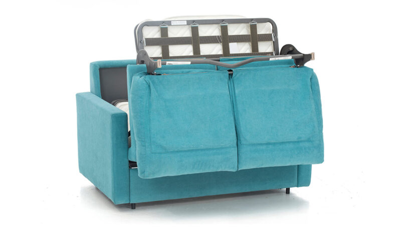 Sofá cama pequeño 90x190 moderno y cómodo, ideal para habitaciones infantiles o espacios reducidos. Diseño medio abierto.