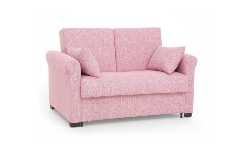 Sofá cama pequeño 90x180 con apertura italiana, colchón viscoelástico y diseño clásico ideal para espacios reducidos. Diseño con perspectiva.