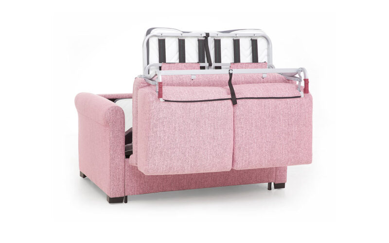 Sofá cama pequeño 90x180 con apertura italiana, colchón viscoelástico y diseño clásico ideal para espacios reducidos. Diseño medio abierto.