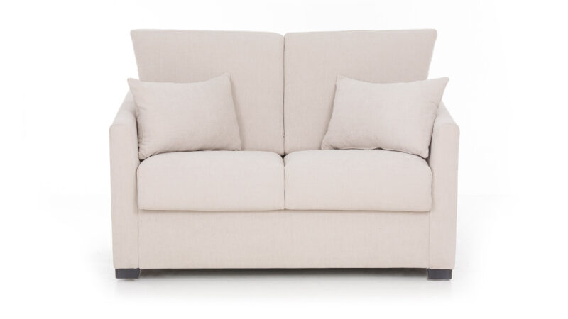 Sofá cama 90x190 ultracompacto con brazo estrecho, fondo reducido y colchón HR o viscoelástico. Diseño frontal.