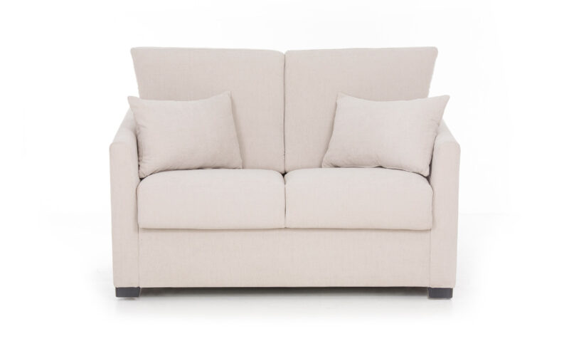 Sofá cama 90x190 ultracompacto con brazo estrecho, fondo reducido y colchón HR o viscoelástico. Diseño frontal.