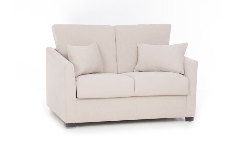 Sofá cama 90x190 ultracompacto con brazo estrecho, fondo reducido y colchón HR o viscoelástico. Diseño con perspectiva.