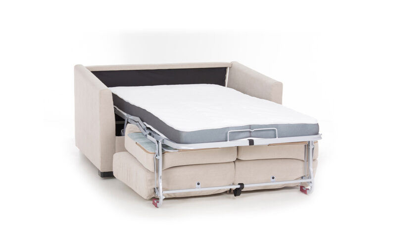 Sofá cama 90x190 ultracompacto con brazo estrecho, fondo reducido y colchón HR o viscoelástico. Diseño abierto.