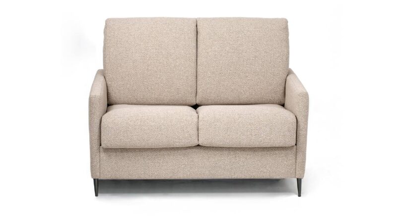 Sofá cama pequeño 90x190 con apertura italiana, colchón HR de alta densidad y diseño estilizado con brazo estrecho. Diseño frontal.