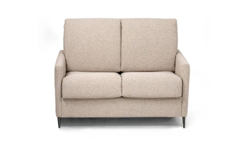 Sofá cama pequeño 90x190 con apertura italiana, colchón HR de alta densidad y diseño estilizado con brazo estrecho. Diseño frontal.