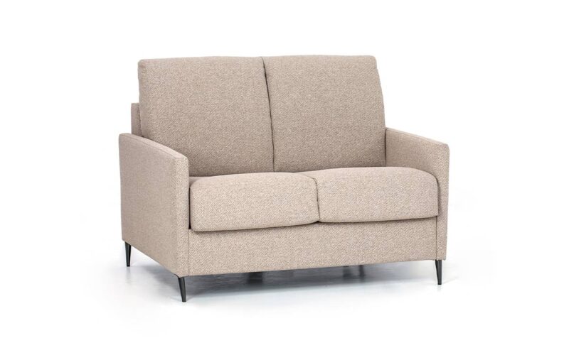 Sofá cama pequeño 90x190 con apertura italiana, colchón HR de alta densidad y diseño estilizado con brazo estrecho. Diseño con perspectiva.