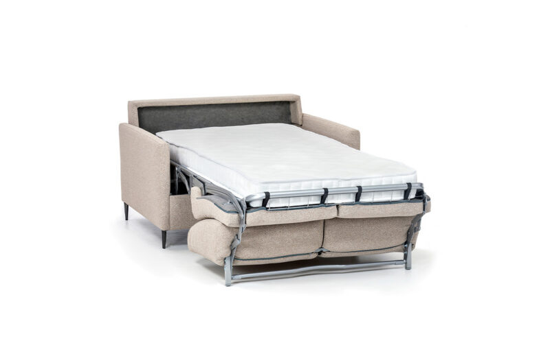 Sofá cama pequeño 90x190 con apertura italiana, colchón HR de alta densidad y diseño estilizado con brazo estrecho. Diseño abierto.