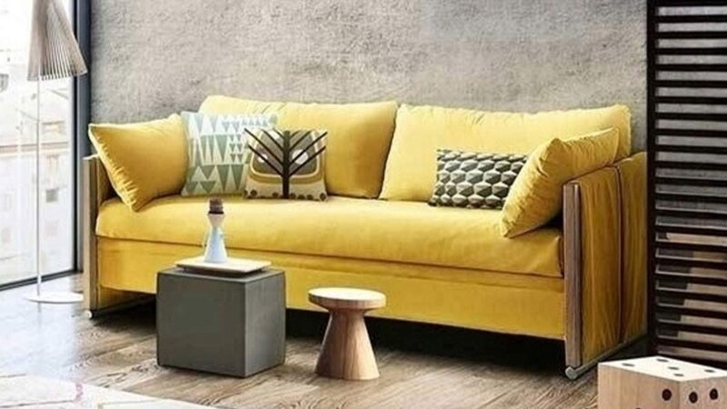 Sofá cama litera práctico con diseño ligero, apertura fácil, escalera integrada y funda lavable, ideal para espacios modernos y funcionales. Diseño con perspectiva.