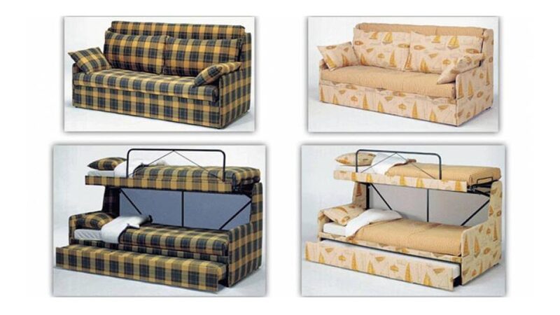 Sofá cama triple con 3 camas independientes, ideal para maximizar el espacio en habitaciones pequeñas, somieres de lamas y colchones de muelles. Diseño sofas perspectiva.