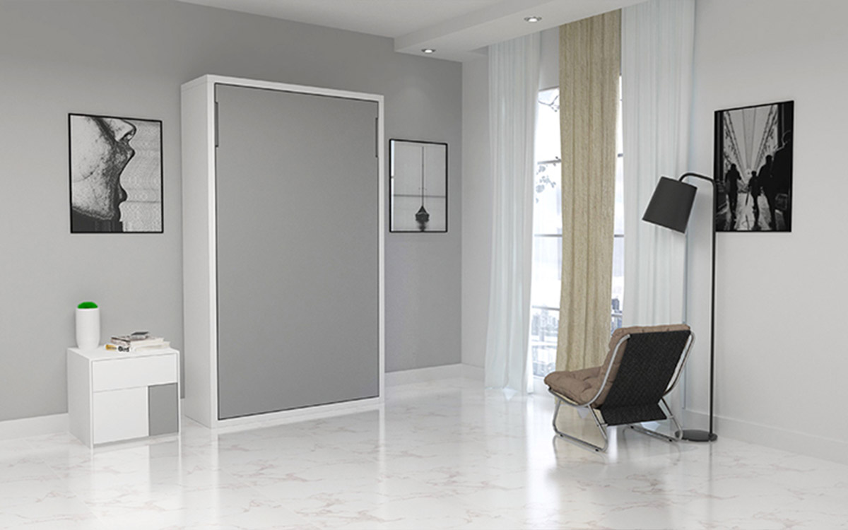 Cama abatible a medida con somier de lamas y acabado en laca, diseñada para optimizar espacio y adaptarse a cualquier estilo y colchón.