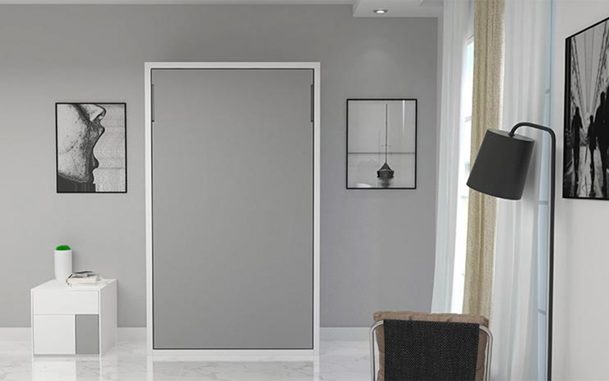 Cama abatible a medida con somier de lamas y acabado en laca, diseñada para optimizar espacio y adaptarse a cualquier estilo y colchón.