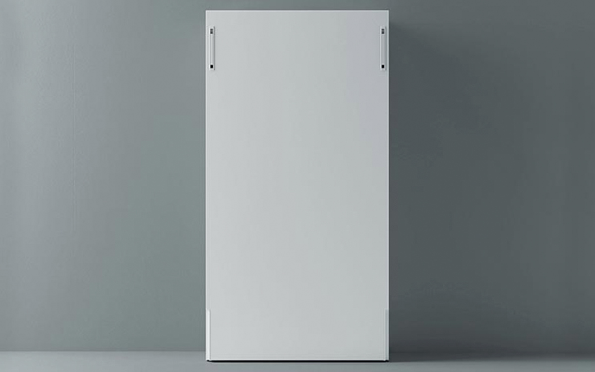 Cama abatible con somier de lamas de madera, ideal para optimizar espacios y personalizar con muebles y colores a elección.