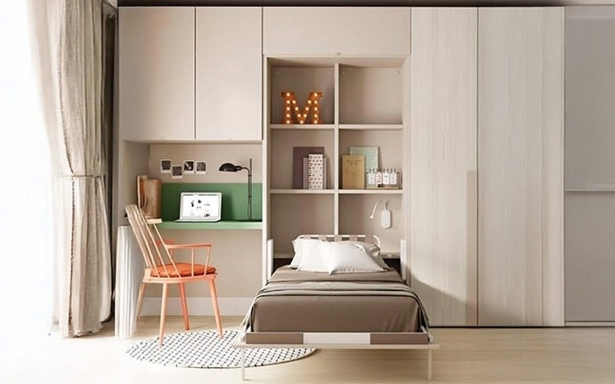 Cama abatible con somier de lamas de madera, ideal para optimizar espacios y personalizar con muebles y colores a elección.