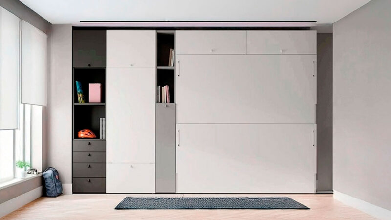 Mueble con literas abatibles horizontales y mesa de estudio integrada, personaliza en color o madera.