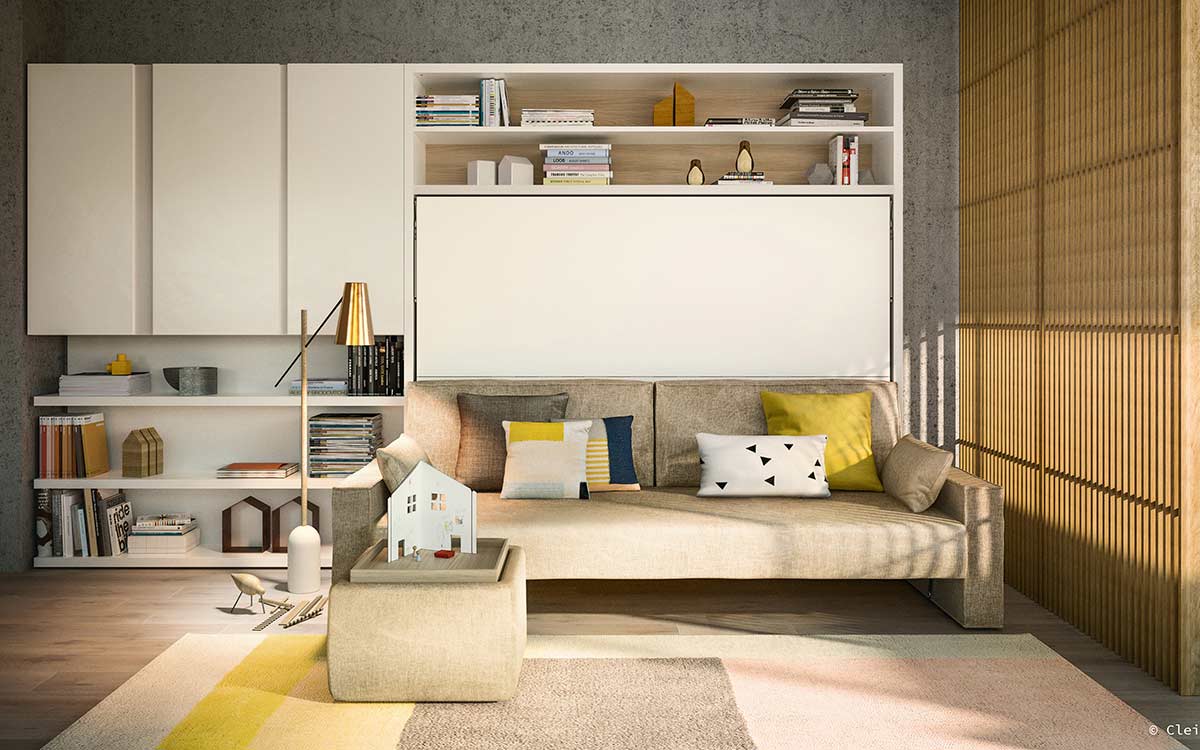 Mueble cama de matrimonio con sofá delante