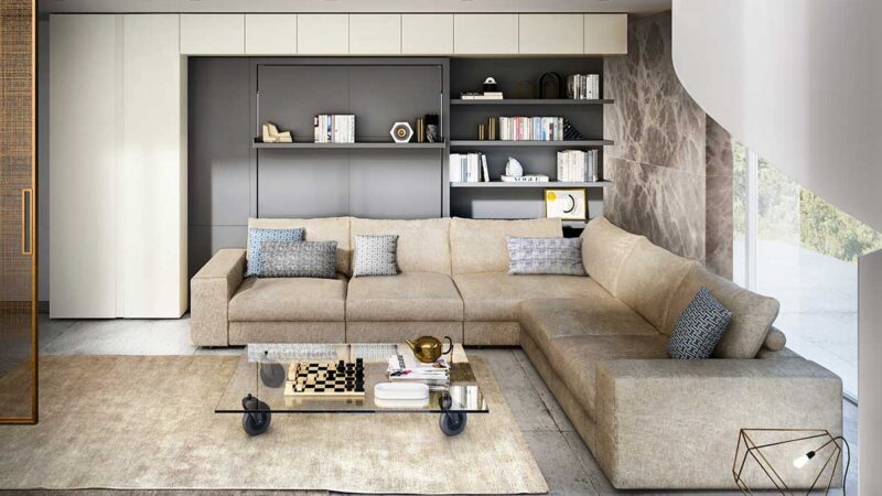 Mueble cama abatible autoportante con sofá y estanterías modulares de gran calidad.