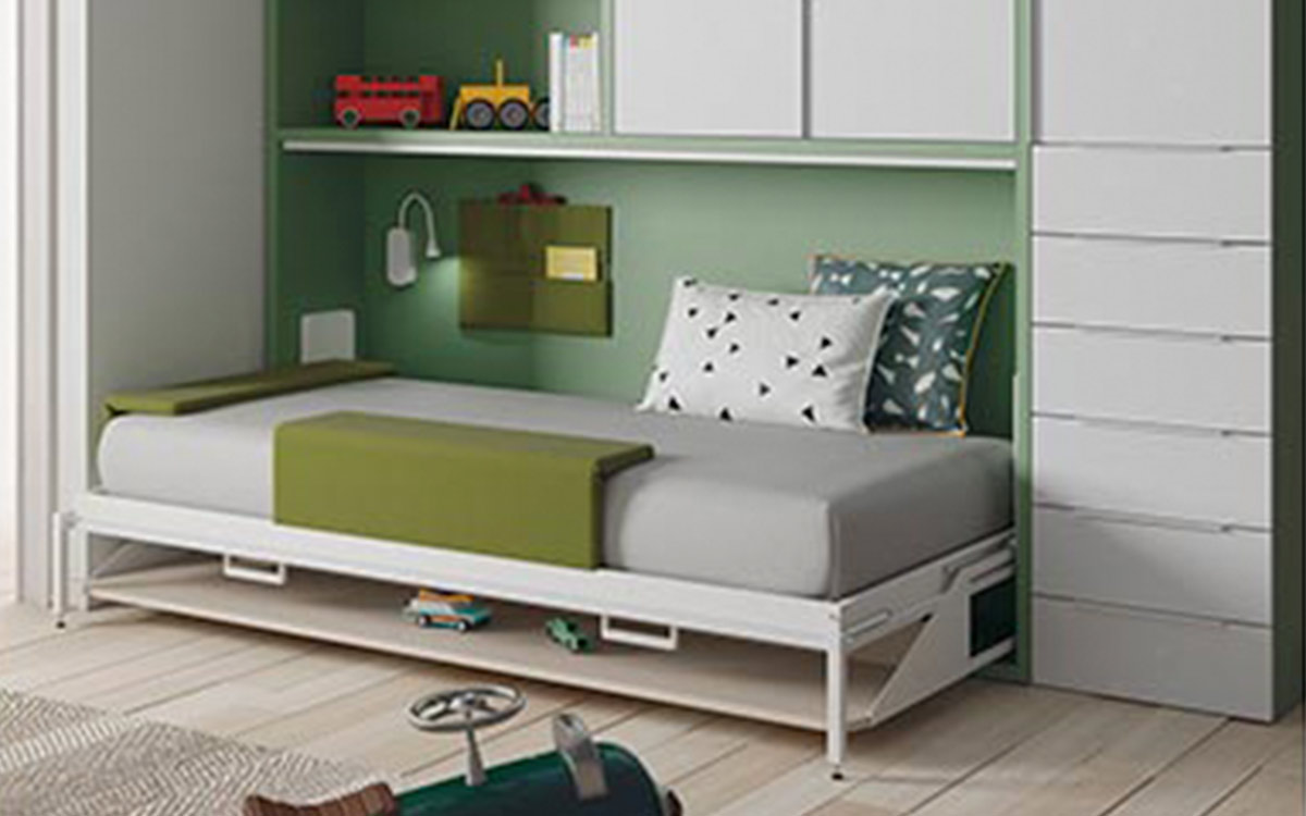 Mueble cama abatible con mesa delante y armarios arriba - Imagen 2