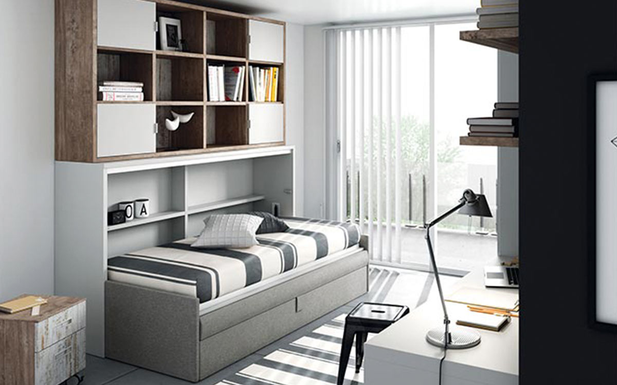 Mueble cama abatible con armarios arriba y sofá delante - Imagen 2