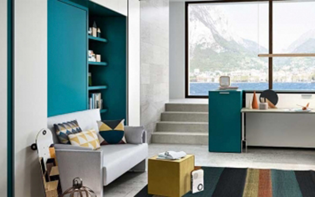 Mueble cama plegable con sofá, diseño elegante y compacto, con somier de madera y apertura segura para optimizar espacios.