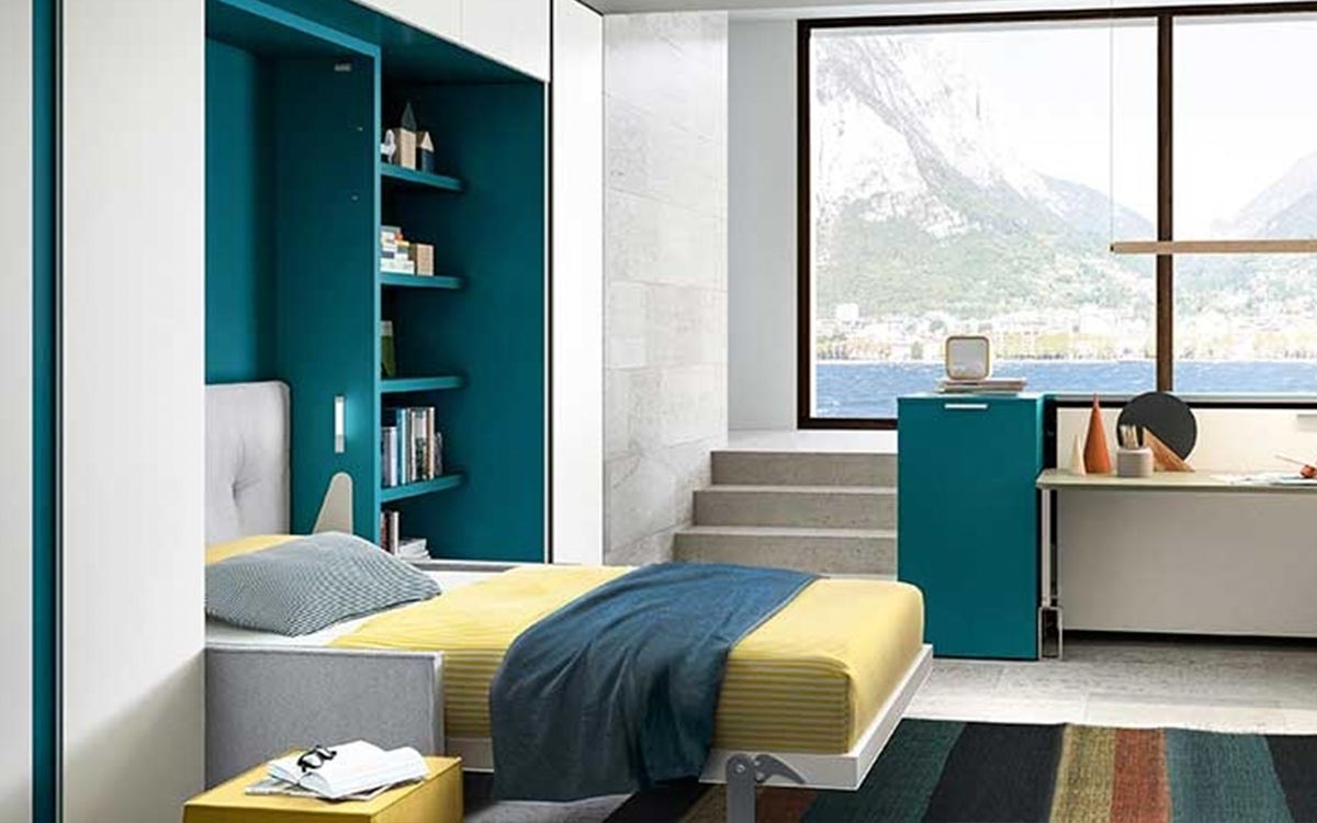 Mueble cama plegable con sofá, diseño elegante y compacto, con somier de madera y apertura segura para optimizar espacios.