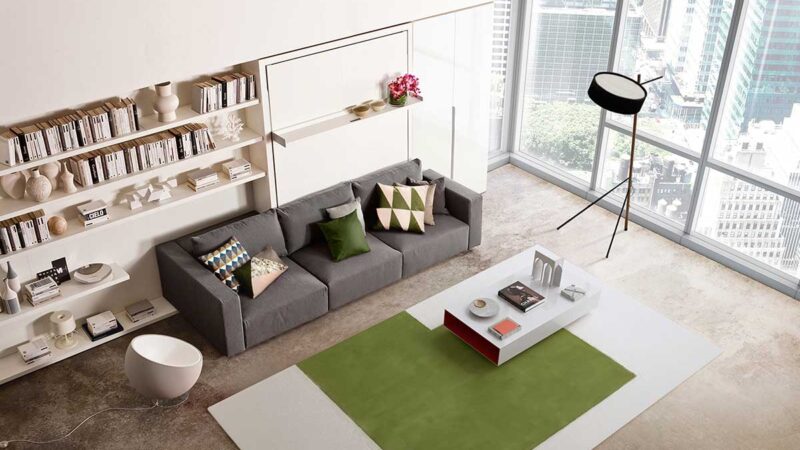 Sofá cama transformable sin fijación a pared con tapizado desenfundable de algodón